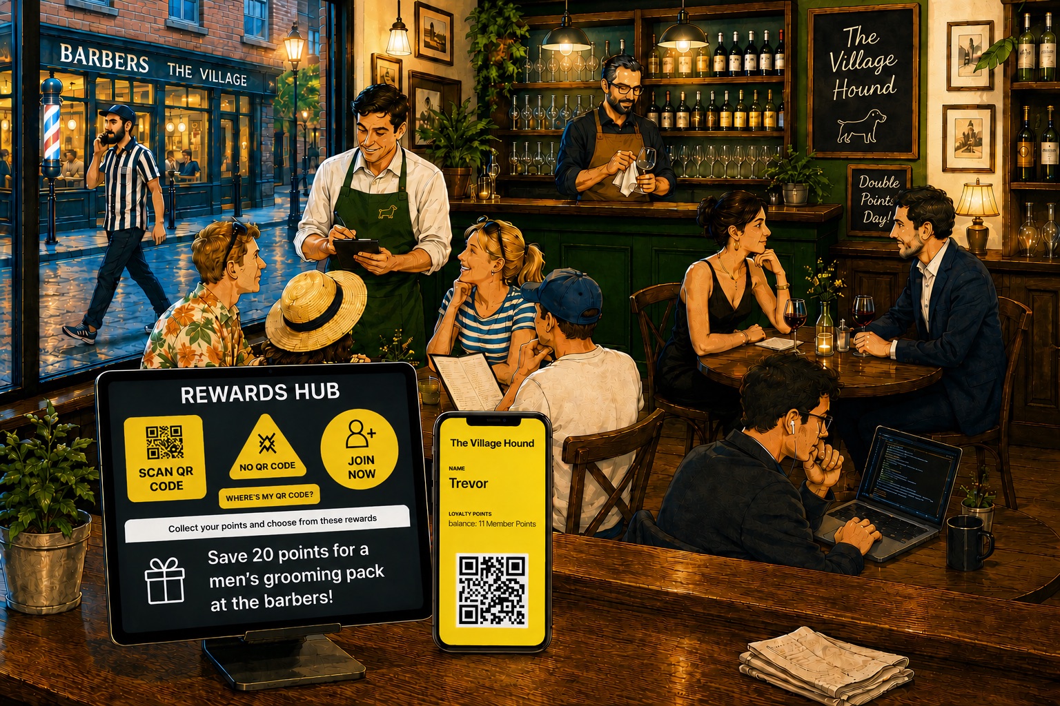 The Village Hound pub: a landlord behind the bar, a waiter taking a tourist family's order, a couple sharing wine, a man paying on his laptop, a barber passing outside, and a Rewards Hub kiosk on the counter.