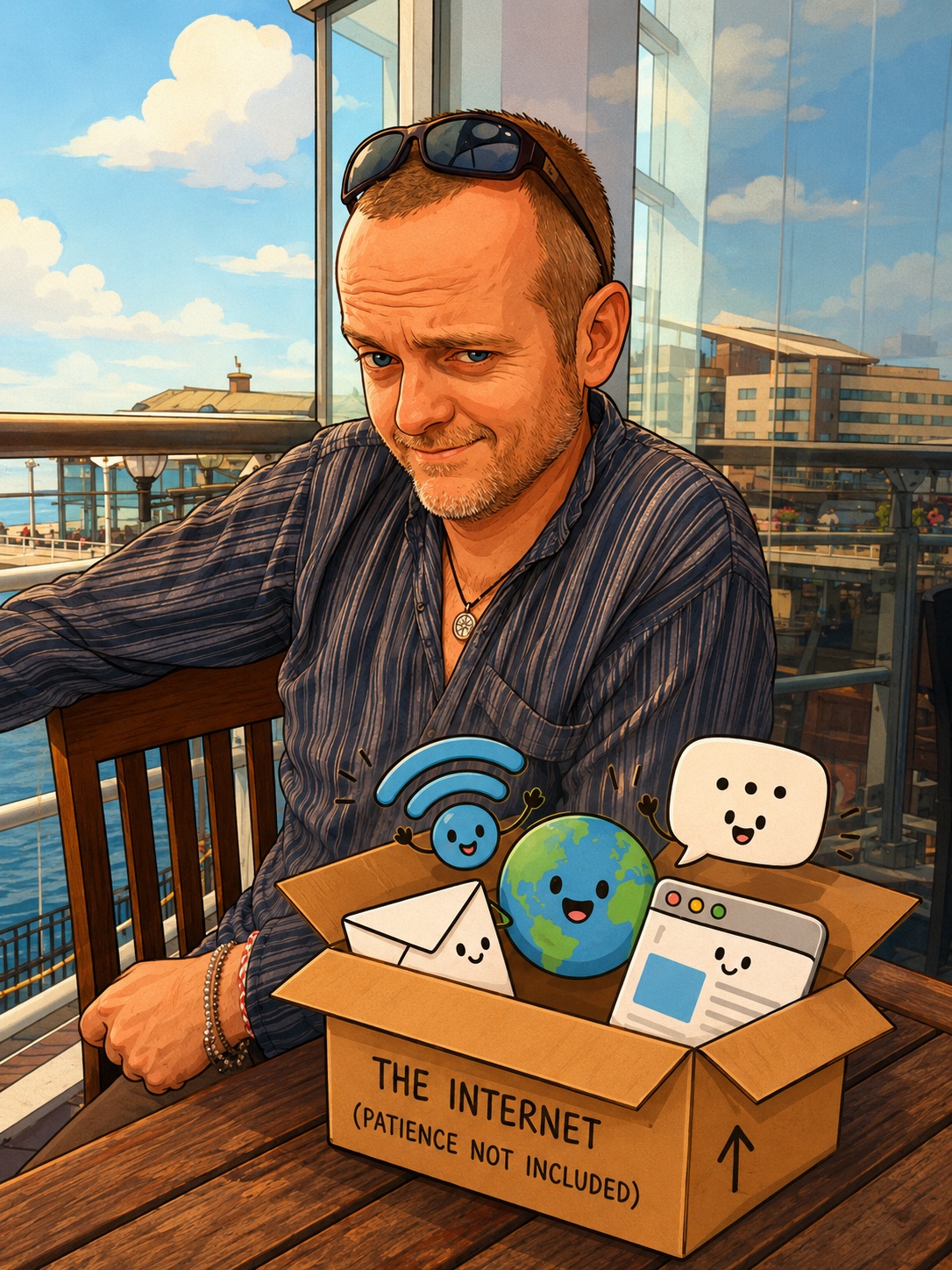 A man at a waterside table with a cardboard box labelled 'The Internet (patience not included)' full of friendly app mascots.